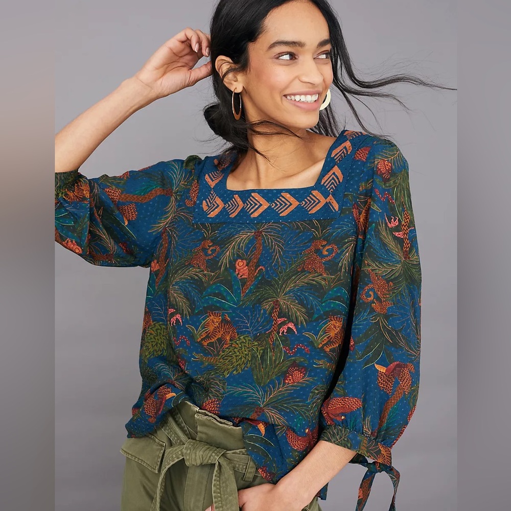 Anthropologie Blue Teal Green Printed Square-Neck Blouse